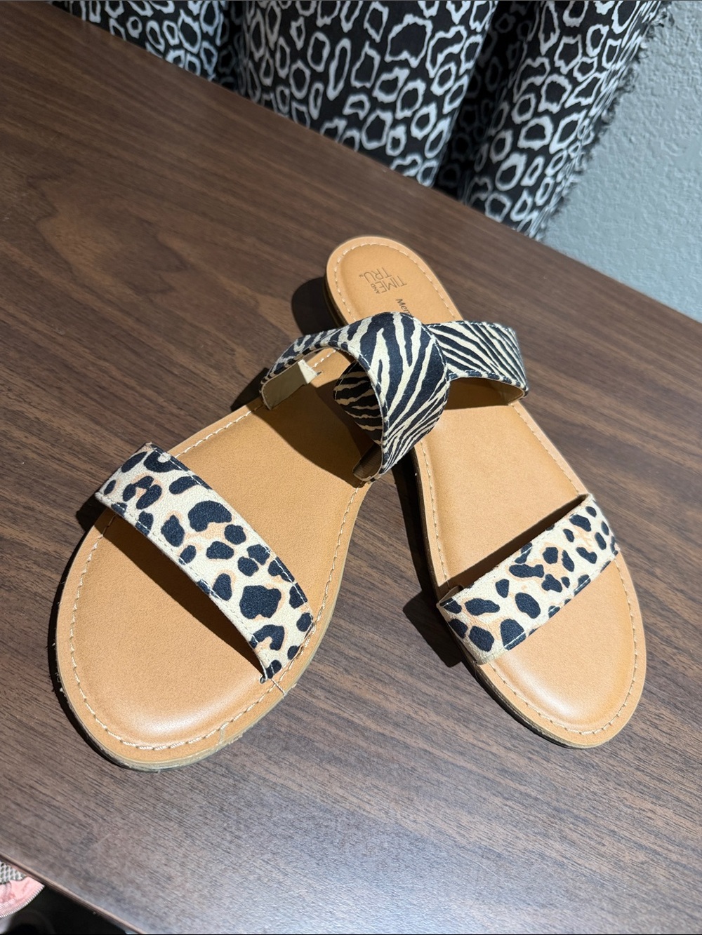 Time and Tru Leopard & Zebra Print Slide Sandals in Tan